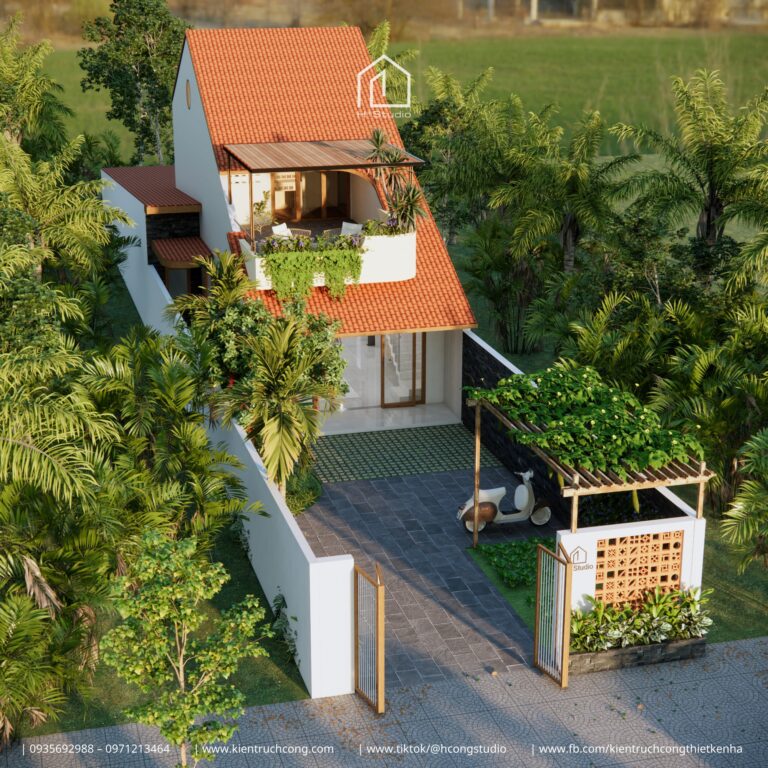 mẫu nhà gác lửng đẹp 7x35m mái ngói hiện đại có sân vườn