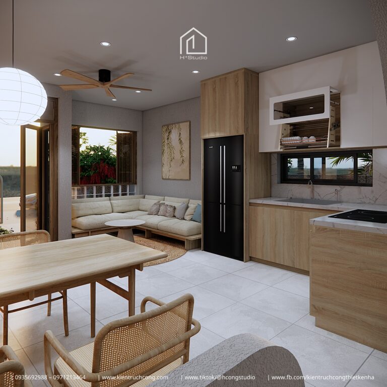 nội thất nhà gác lửng hiện đại phòng khách bếp liên thông