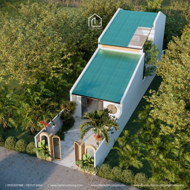 mẫu nhà gác lửng đẹp 5x24m mái dốc hiện đại có sân trước