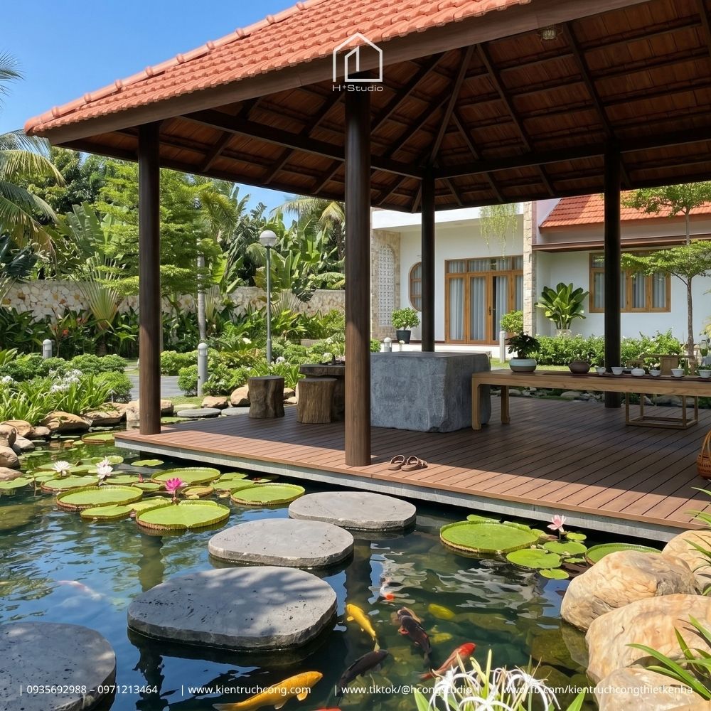 Mẫu nhà gác lửng sân vườn 4 mặt thoáng cùng cảnh quan đa năng - Hình ảnh 6