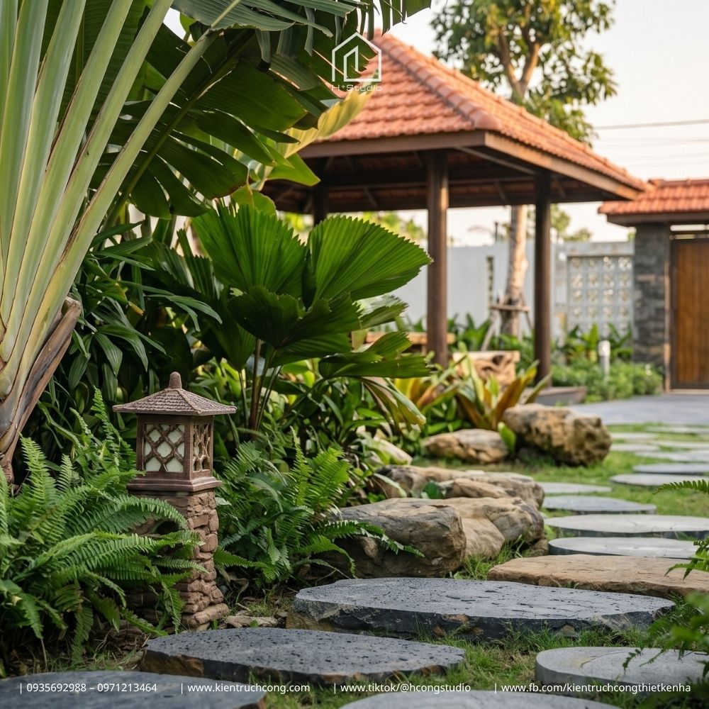 Mẫu nhà gác lửng sân vườn 4 mặt thoáng cùng cảnh quan đa năng - Hình ảnh 8
