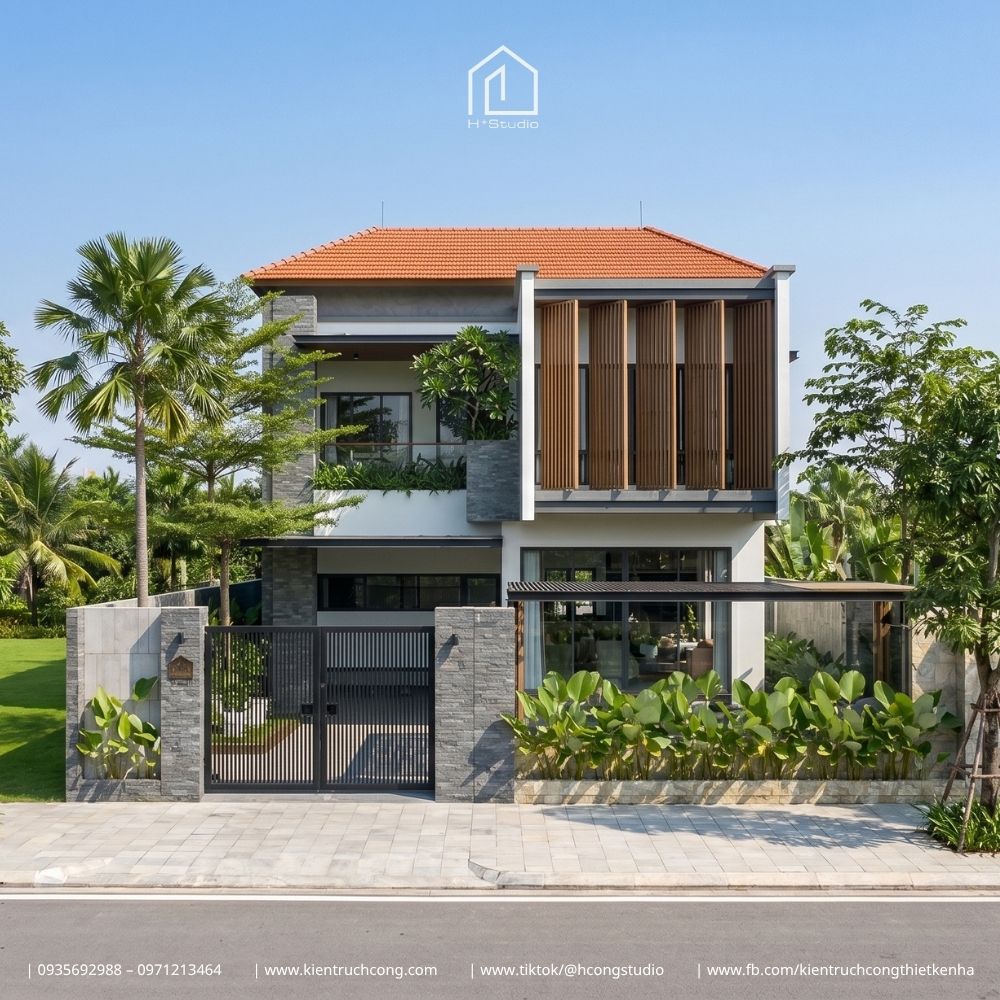 Biệt thự 2 tầng 10x25m hiện đại: Không gian sống xanh với sân vườn và hồ cá thư giãn - Hình ảnh 2