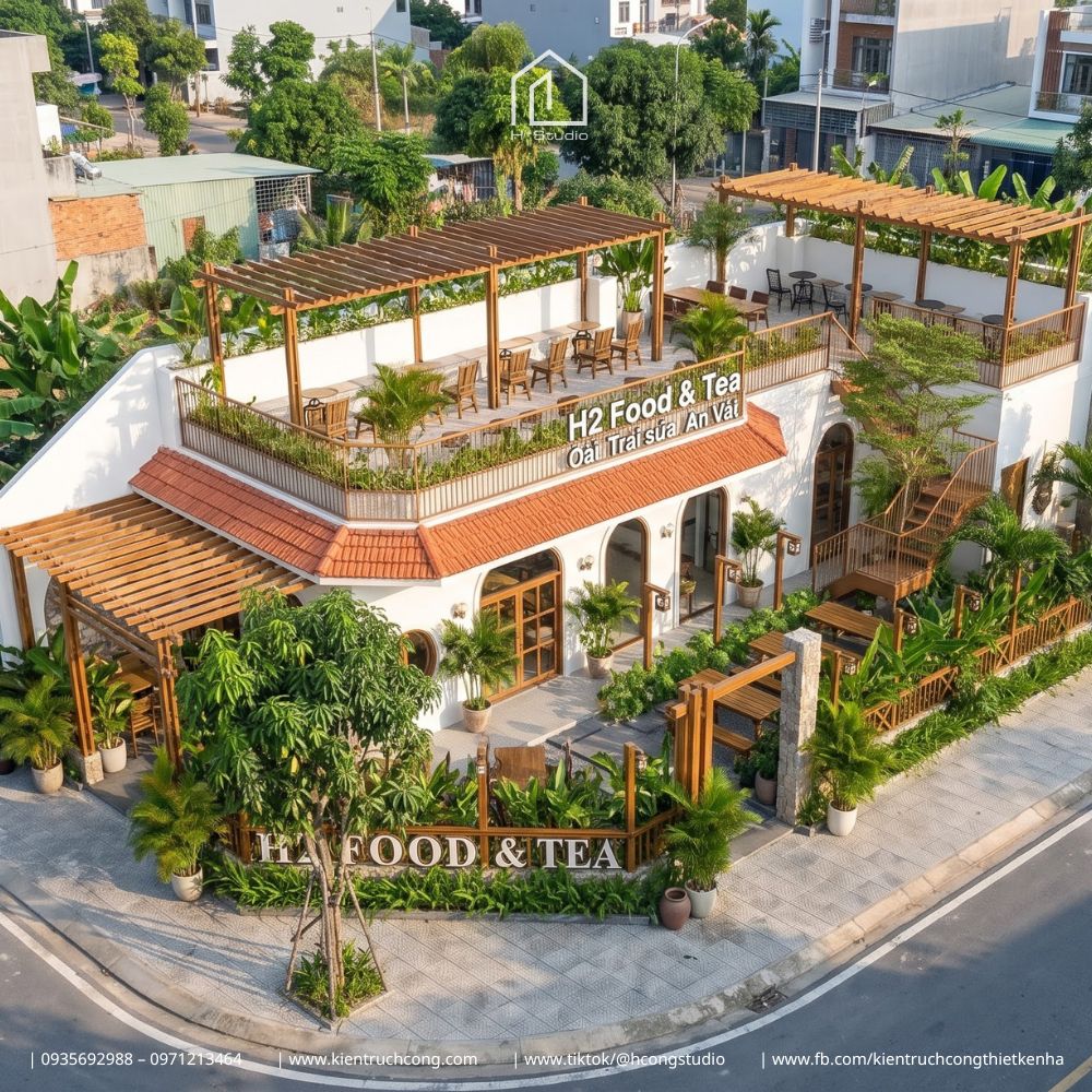 THIẾT KẾ QUÁN ĂN H2 FOOD & TEA – ỐC, TRÀ SỮA VÀ KHÔNG GIAN SÂN VƯỜN - Hình ảnh 3