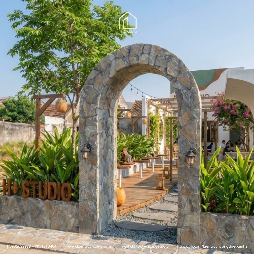 Thiết Kế Quán Cafe Sân Vườn DUMIE Coffee – Kiến Trúc Địa Trung Hải Và Cổng Vòm Đá Check-in - Hình ảnh 4