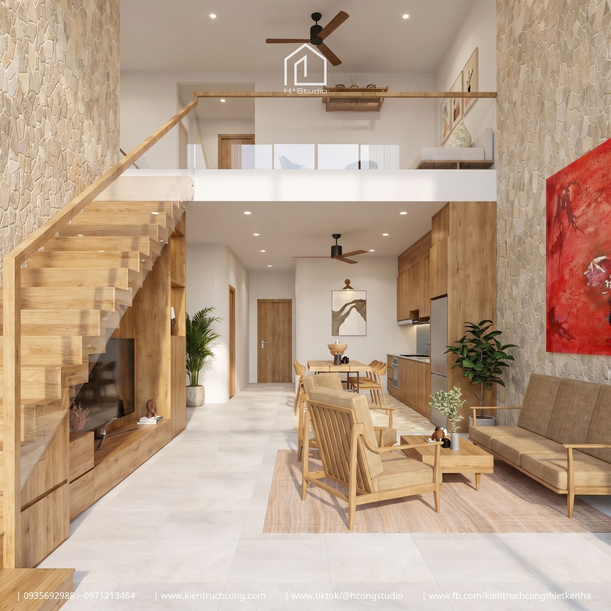 Nhà gác lửng 7x24m với kiến trúc mái ngói hiện đại và khoảng thông tầng đầy điểm nhấn - Hình ảnh 8