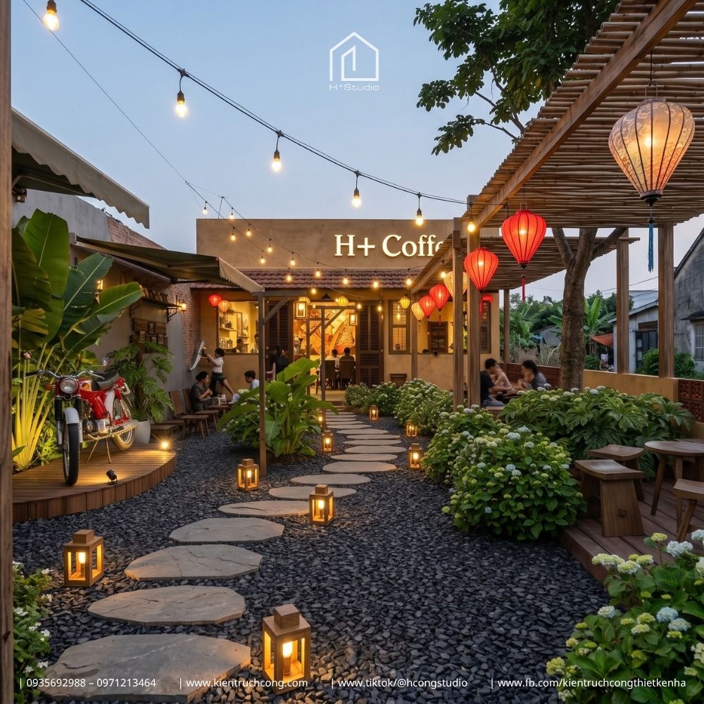 Thiết Kế Quán Cafe Sân Vườn LIN CF – Phong Cách Mộc Mạc, Không Gian Xanh Và Ánh Sáng Ấm Cúng - Hình ảnh 7